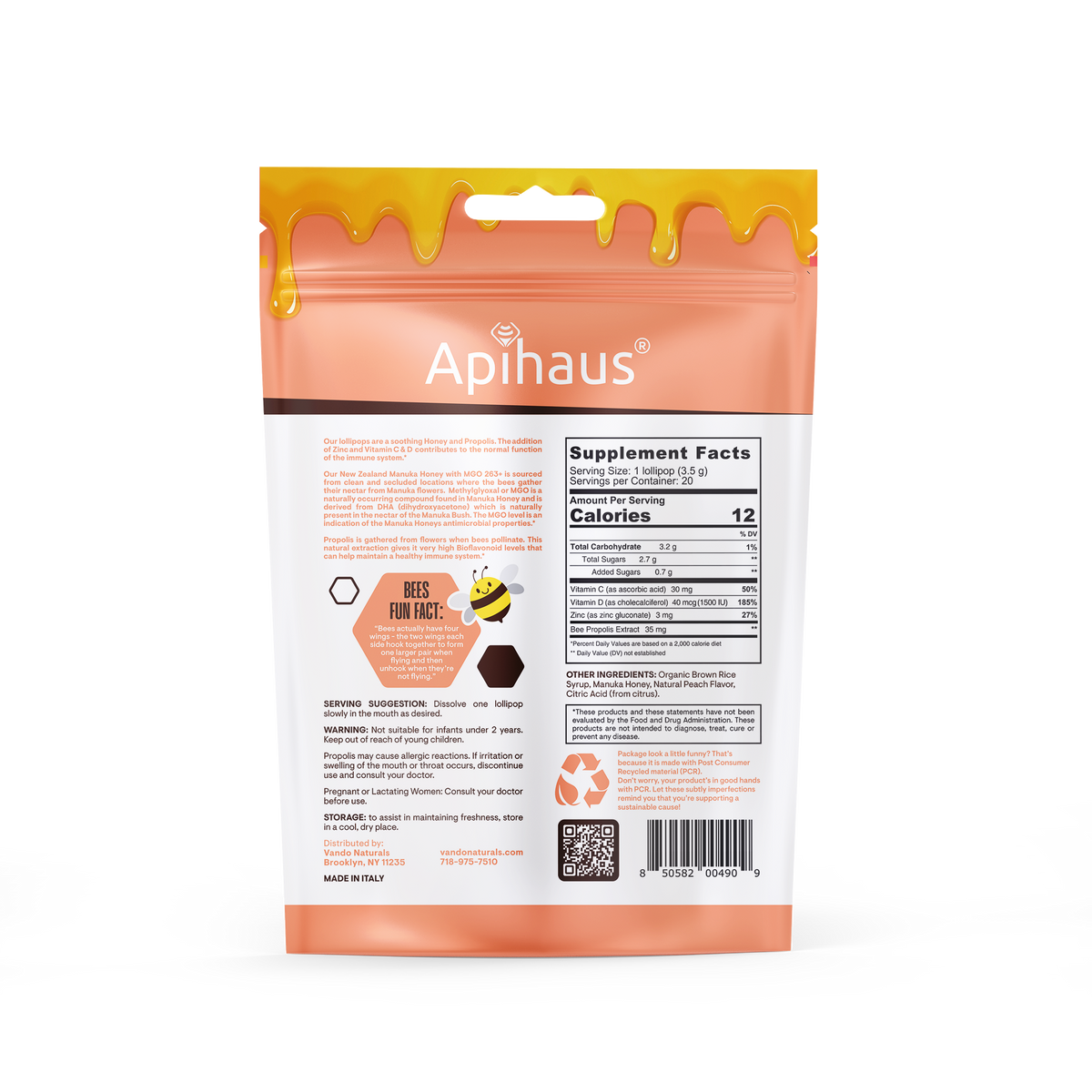 Apihaus Manuka Honey and Propolis Lollipops 20 pcs Peach Flavor