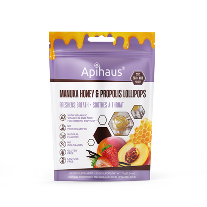 Apihaus Manuka Honey and Propolis Lollipops 20 pcs Mix  Peach and Strawberry-Vanilla