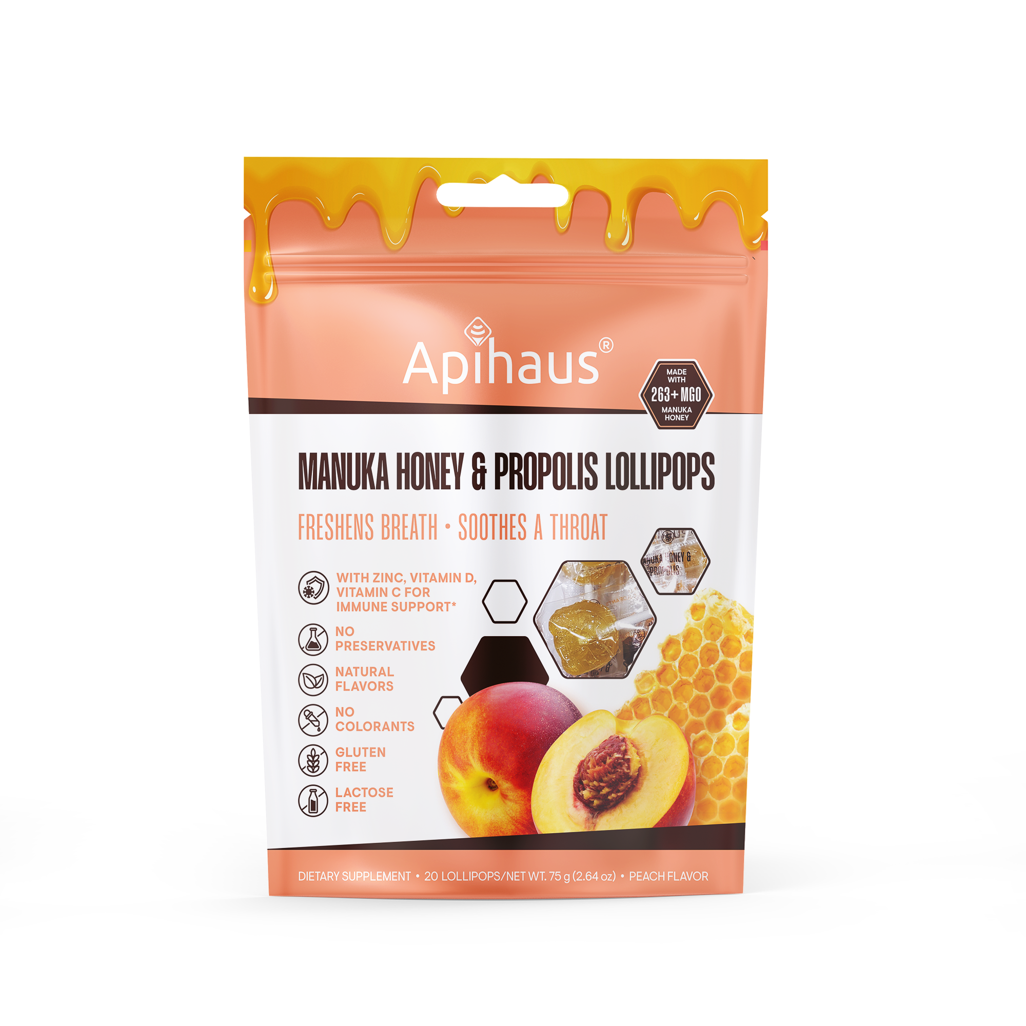 Apihaus Manuka Honey and Propolis Lollipops 20 pcs Peach Flavor